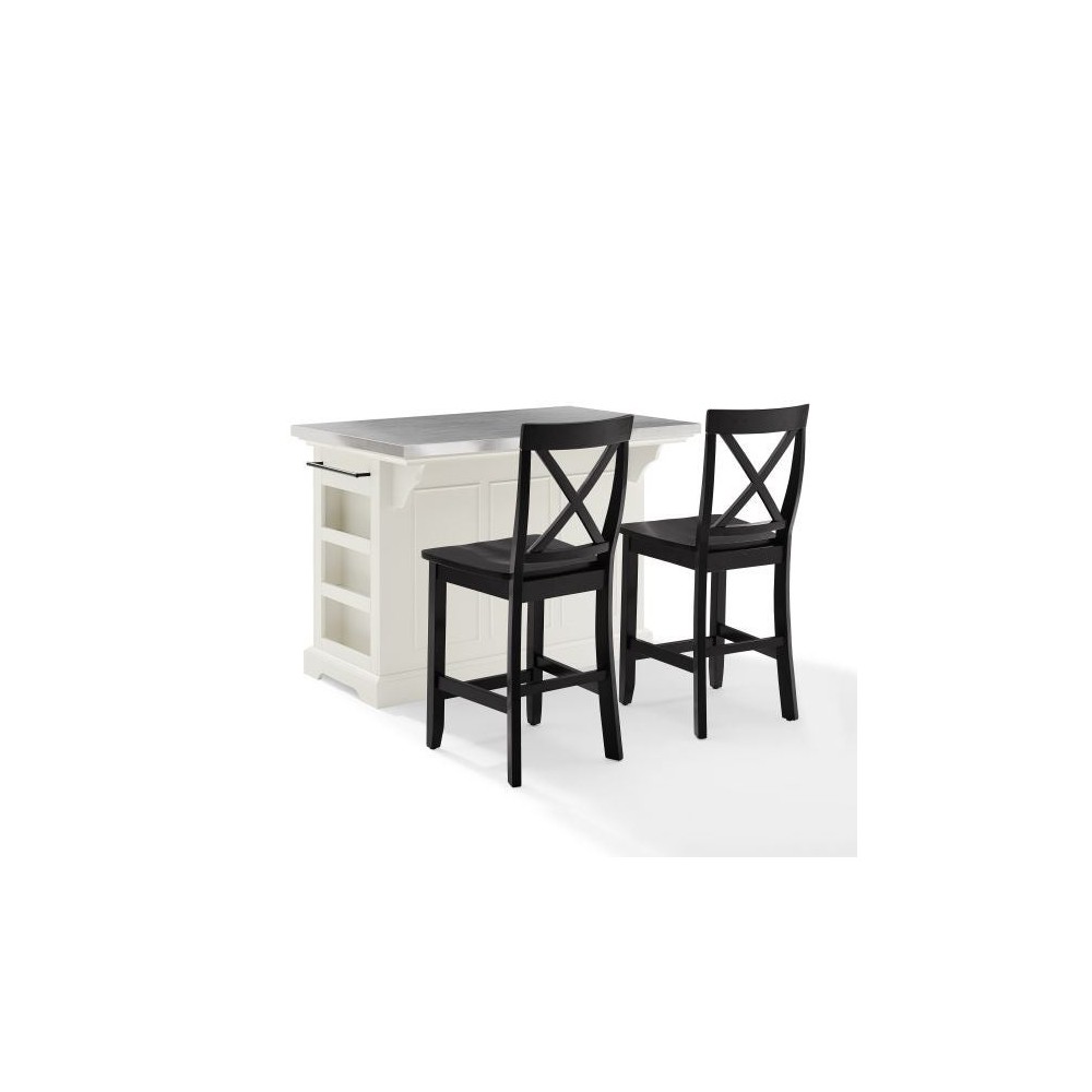 Julia Stainless Steel Top Island W/X-Back Stools White/Black - Island & 2 Stools