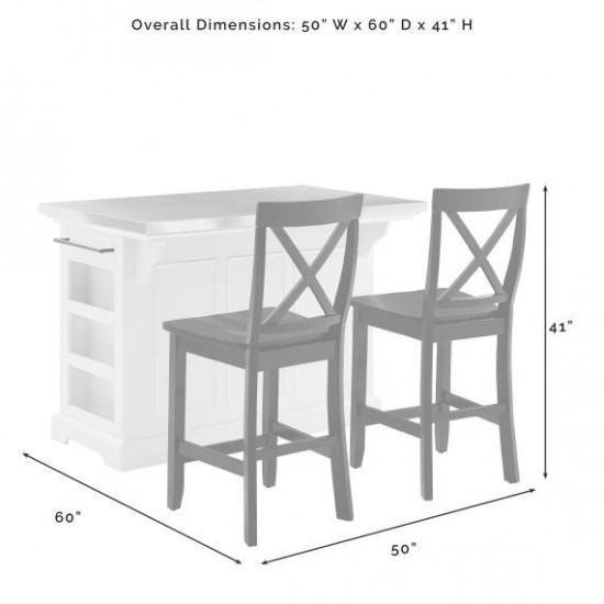 Julia Stainless Steel Top Island W/X-Back Stools White/Black - Island & 2 Stools