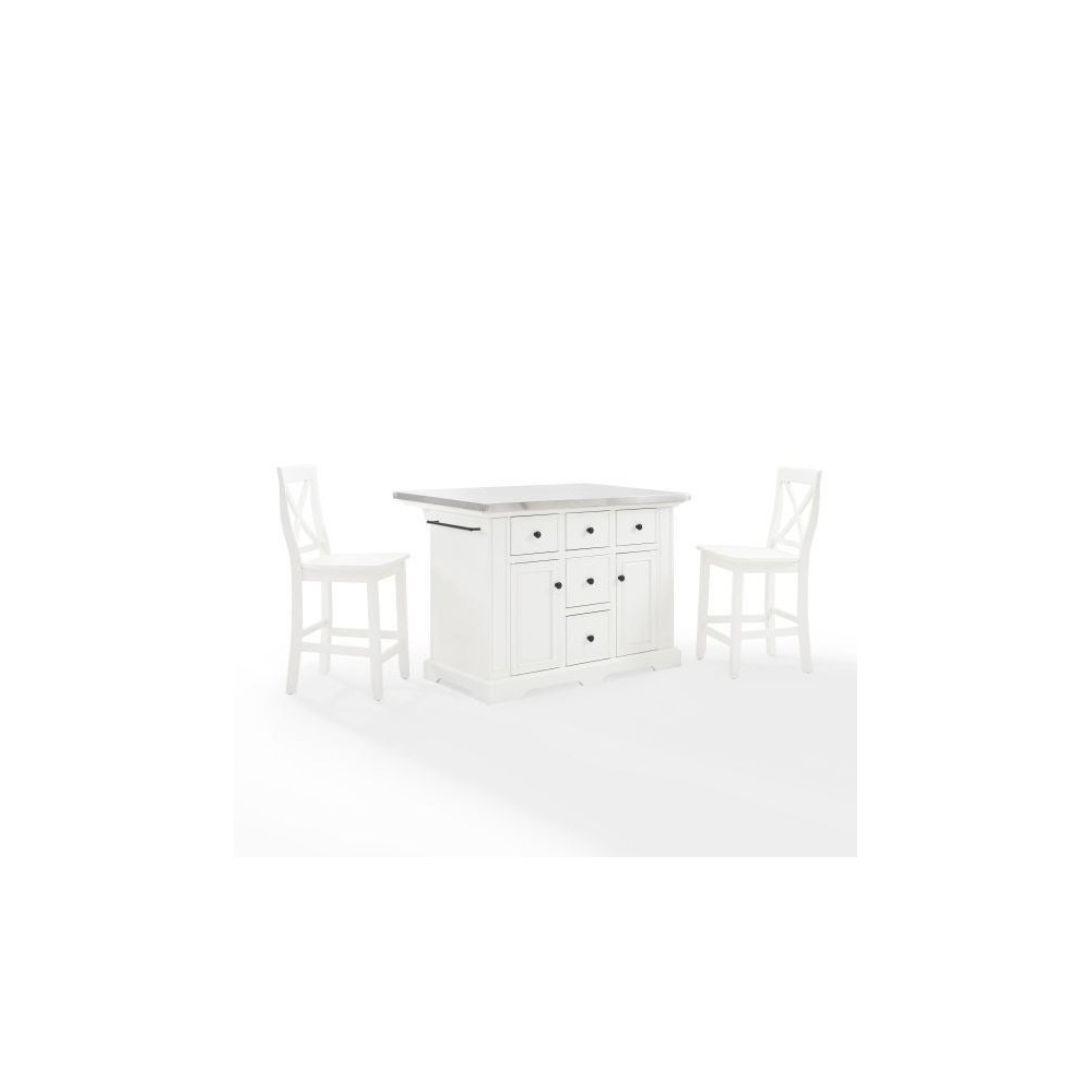 Julia Stainless Steel Top Island W/X-Back Stools White/White - Island & 2 Stools