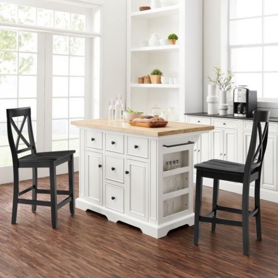 Julia Wood Top Island W/X-Back Stools White/Black - Island & 2 Stools