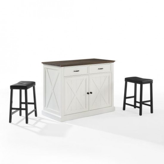 Clifton Kitchen Island W/Uph Saddle Stools- Kitchen Island & 2 Stools