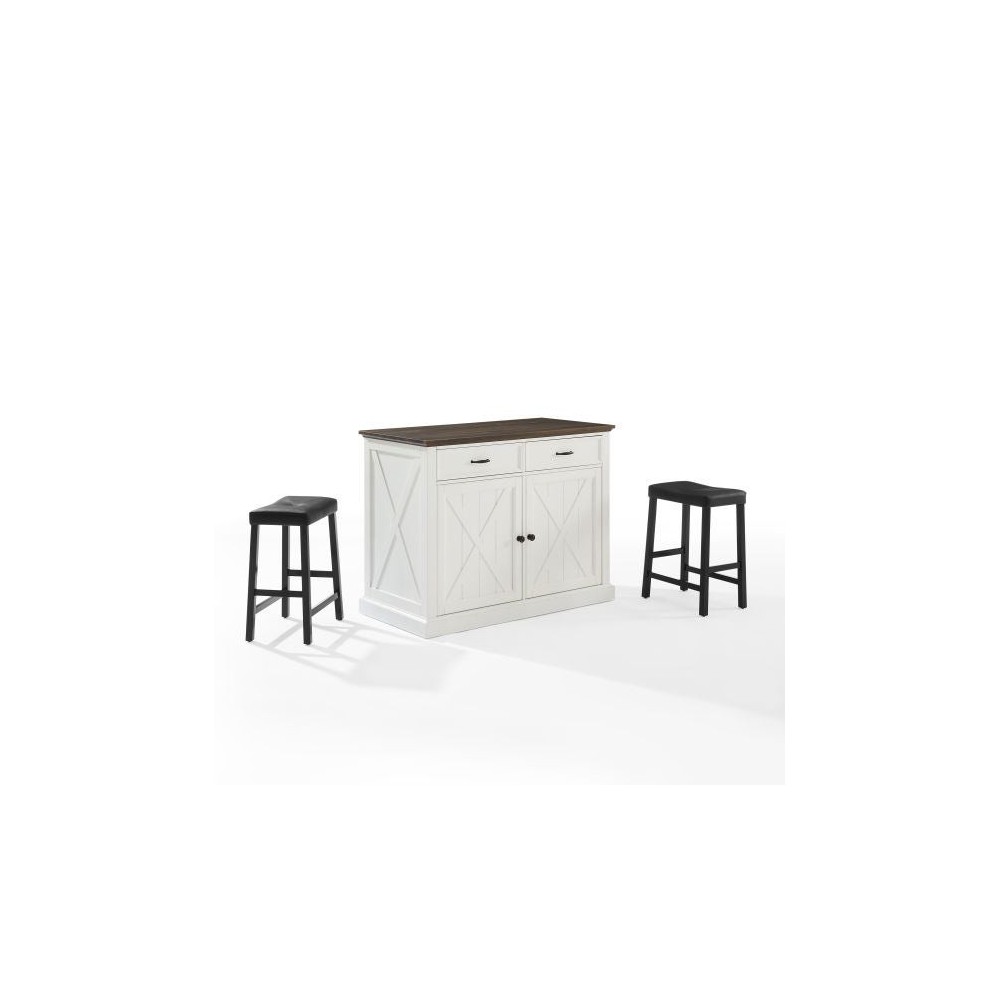 Clifton Kitchen Island W/Uph Saddle Stools- Kitchen Island & 2 Stools