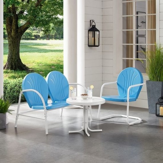 Griffith 3Pc Outdoor Metal Conversation Set Sky Blue Gloss/White Satin