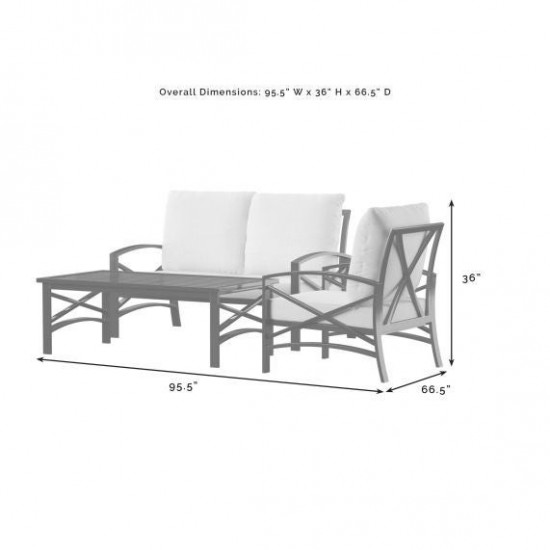 Kaplan 3Pc Outdoor Metal Conversation Set- Loveseat, Chair, Coffee Table