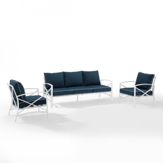 Kaplan 3Pc Outdoor Metal Sofa Set Navy/White - Sofa & 2 Arm Chairs