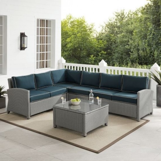 Bradenton 5Pc Outdoor Wicker Sectional Set Navy/Gray, KO70020GY-NV