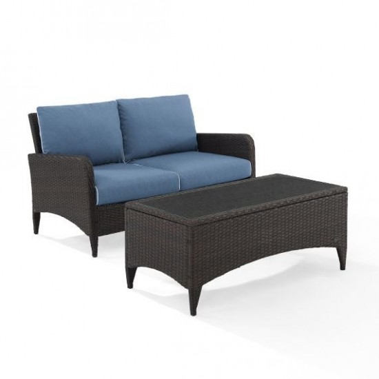 Kiawah 2Pc Outdoor Wicker Conversation Set Blue/Brown - Loveseat & Coffee Table