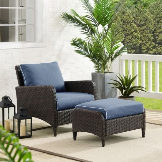 Kiawah 2Pc Outdoor Wicker Chair Set Blue/Brown - Armchair & Ottoman