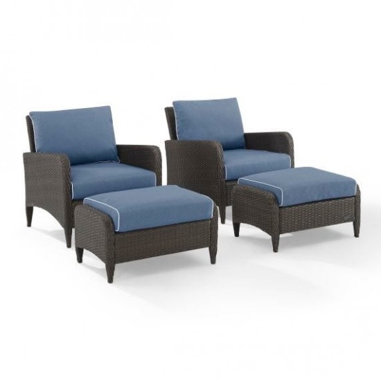 Kiawah 4Pc Outdoor Wicker Chair Set Blue/Brown - 2 Armchairs & 2 Ottomans