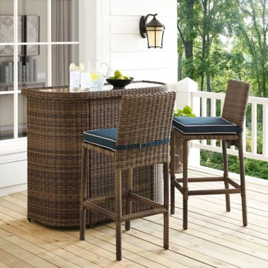 Bradenton 3Pc Outdoor Wicker Bar Set Navy/Weathered Brown - Bar & 2 Stools