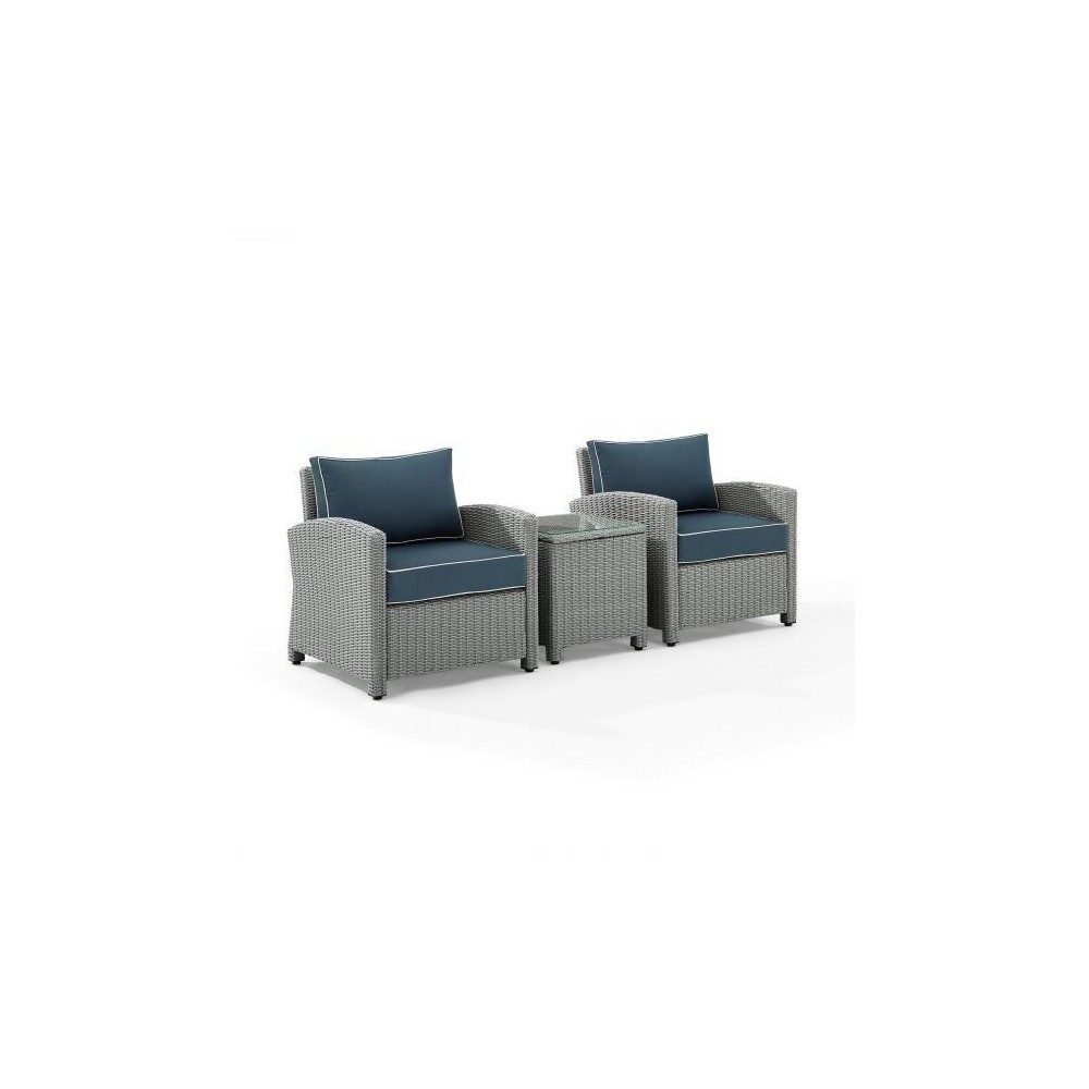 Bradenton 3Pc Outdoor Wicker Armchair Set Navy/Gray - Side Table & 2 Armchairs