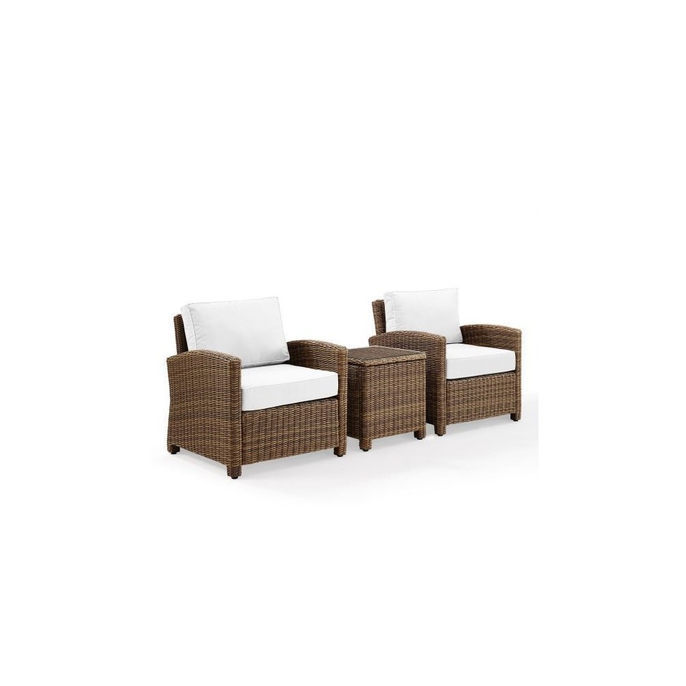 Bradenton 3Pc Outdoor Wicker Armchair Set - Sunbrella White/Weathered Brown