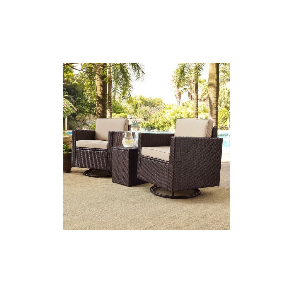 Palm Harbor 3Pc Outdoor Wicker Swivel Chair Set Sand