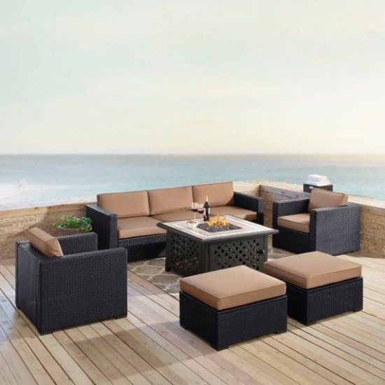 Biscayne 7Pc Outdoor Wicker Sectional Set W/Fire Table Mocha