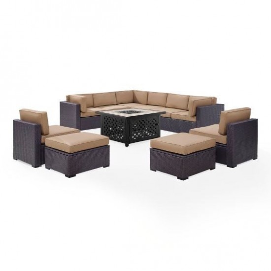 Biscayne 8Pc Outdoor Wicker Sectional Set W/Fire Table Mocha