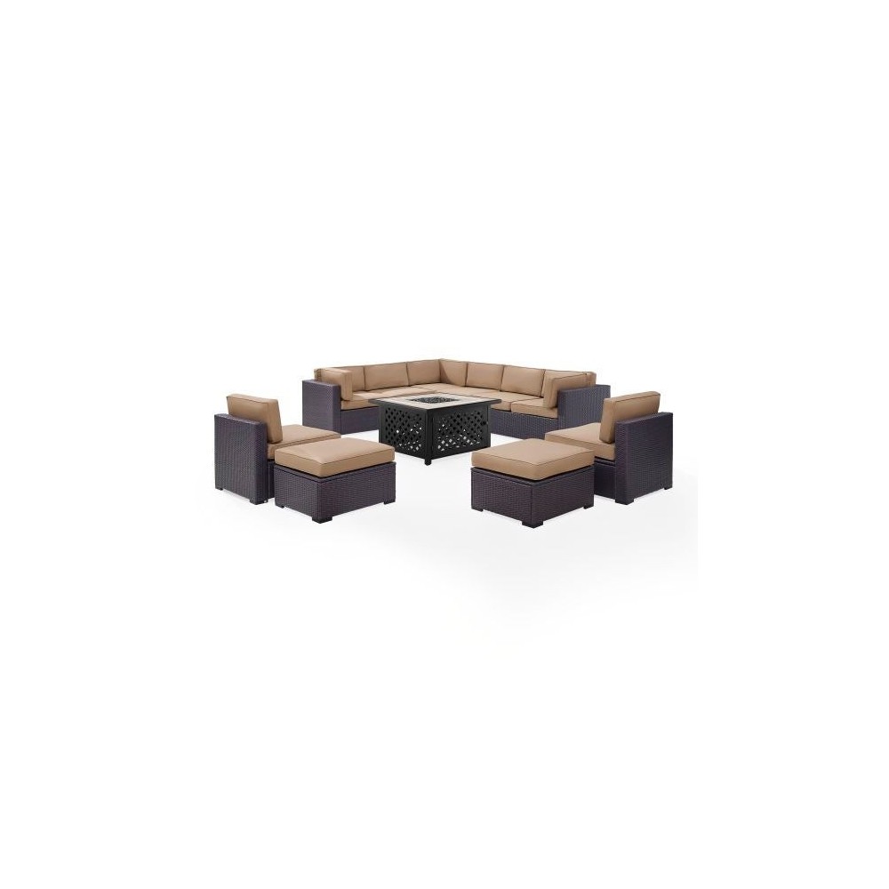 Biscayne 8Pc Outdoor Wicker Sectional Set W/Fire Table Mocha