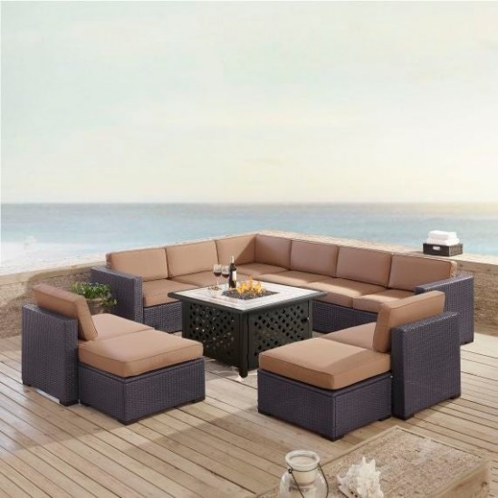 Biscayne 8Pc Outdoor Wicker Sectional Set W/Fire Table Mocha