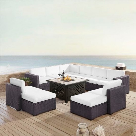 Biscayne 8Pc Outdoor Wicker Sectional Set W/Fire Table White