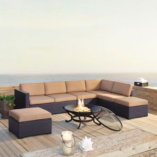 Biscayne 6Pc Outdoor Wicker Sectional Set W/Fire Pit Mocha