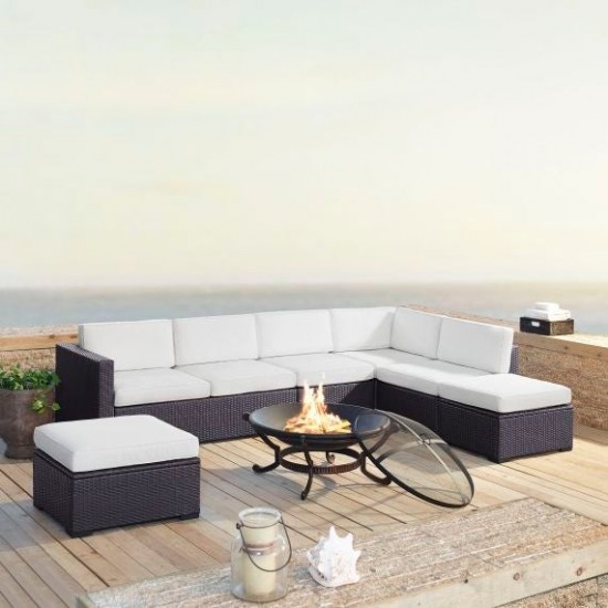 Biscayne 6Pc Outdoor Wicker Sectional Set W/Fire Pit White