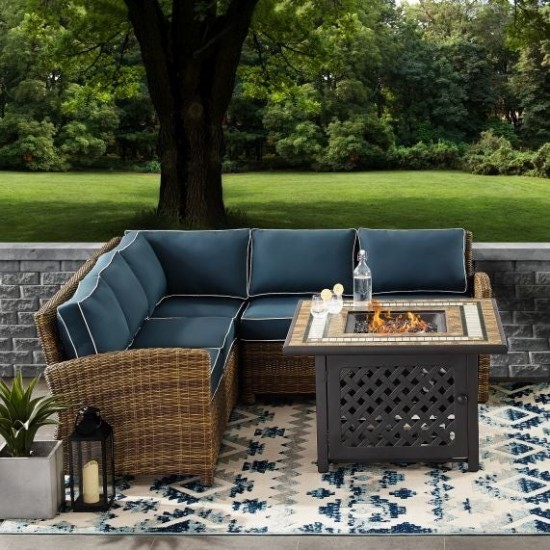 Bradenton 4Pc Outdoor Wicker Sectional Set W/Fire Table Navy