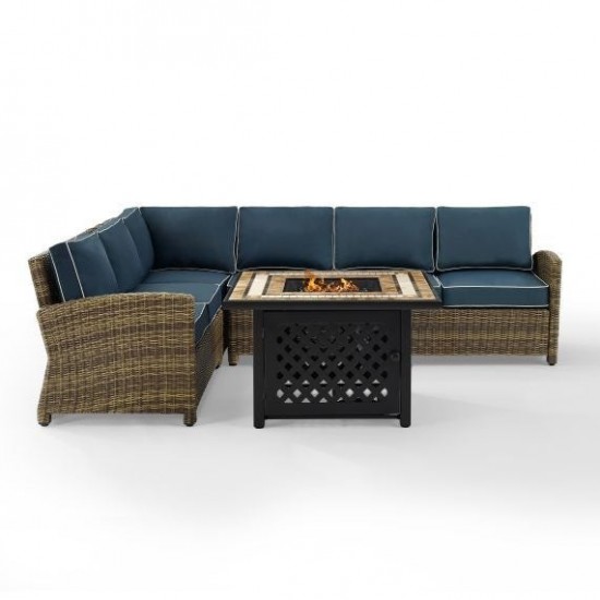 Bradenton 5Pc Outdoor Wicker Sectional Set W/Fire Table Navy, KO70158-NV