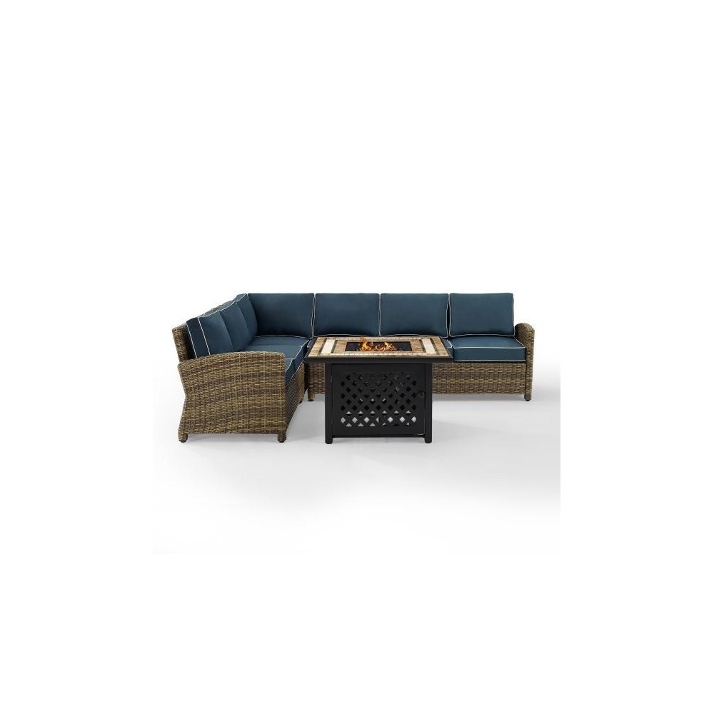 Bradenton 5Pc Outdoor Wicker Sectional Set W/Fire Table Navy, KO70158-NV