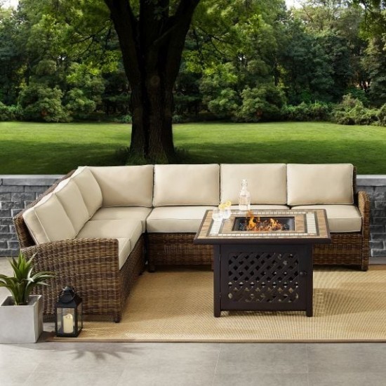 Bradenton 5Pc Outdoor Wicker Sectional Set W/Fire Table Sand, KO70158-SA