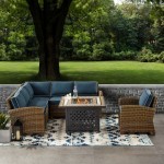 Bradenton 5Pc Outdoor Wicker Sectional Set W/Fire Table Navy, KO70159-NV