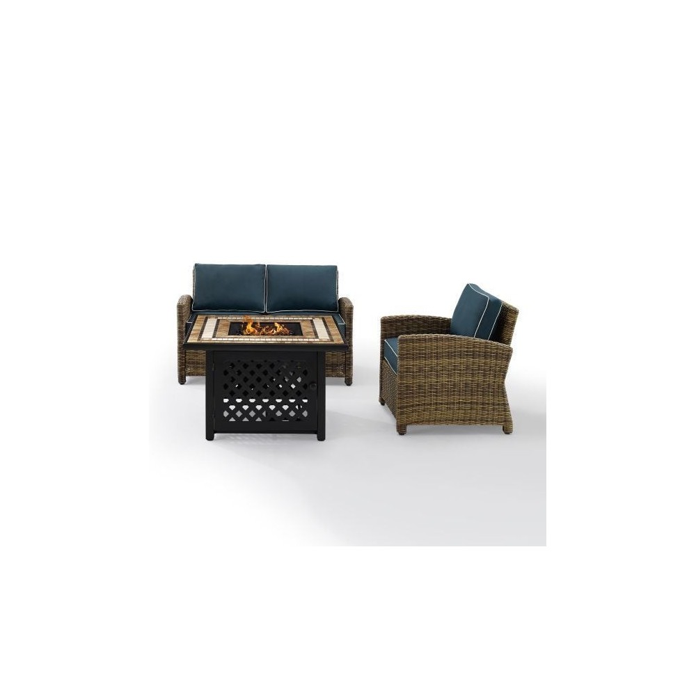 Bradenton 3Pc Outdoor Wicker Conversation Set W/Fire Table Navy, KO70161-NV