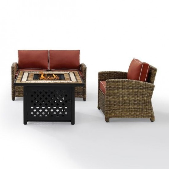 Bradenton 3Pc Outdoor Wicker Conversation Set W/Fire Table Sangria, KO70161-SG