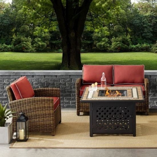 Bradenton 3Pc Outdoor Wicker Conversation Set W/Fire Table Sangria, KO70161-SG