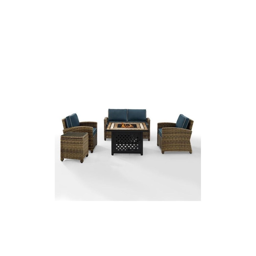Bradenton 5Pc Outdoor Wicker Conversation Set W/Fire Table Navy, KO70162-NV