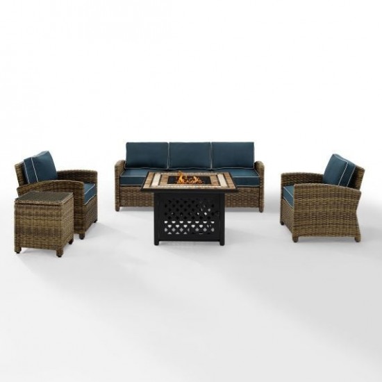 Bradenton 5Pc Outdoor Wicker Sofa Set W/Fire Table Navy