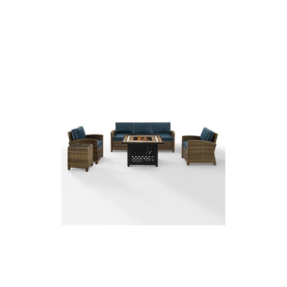 Bradenton 5Pc Outdoor Wicker Sofa Set W/Fire Table Navy