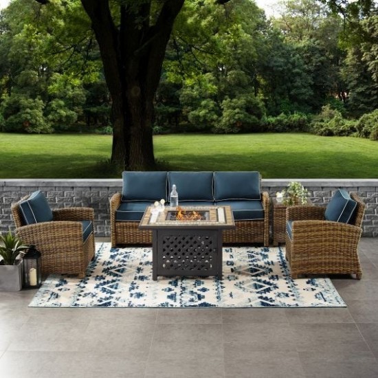 Bradenton 5Pc Outdoor Wicker Sofa Set W/Fire Table Navy