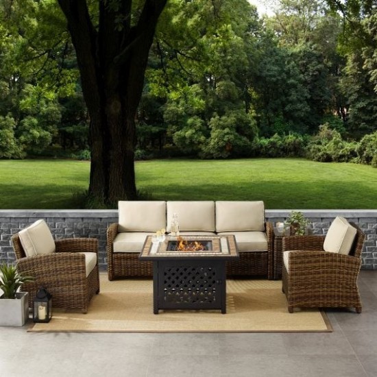 Bradenton 5Pc Outdoor Wicker Sofa Set W/Fire Table Sand