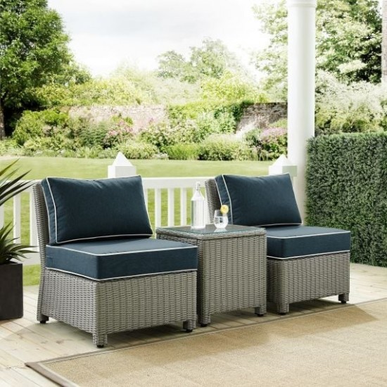 Bradenton 3Pc Outdoor Wicker Chair Set Navy/Gray - Side Table & 2 Armless Chairs