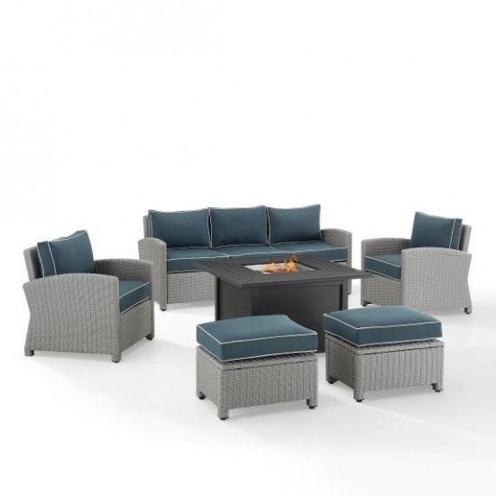 Bradenton 6Pc Outdoor Wicker Sofa Set W/Fire Table Navy/Gray