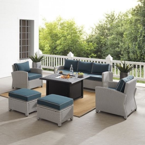 Bradenton 6Pc Outdoor Wicker Sofa Set W/Fire Table Navy/Gray