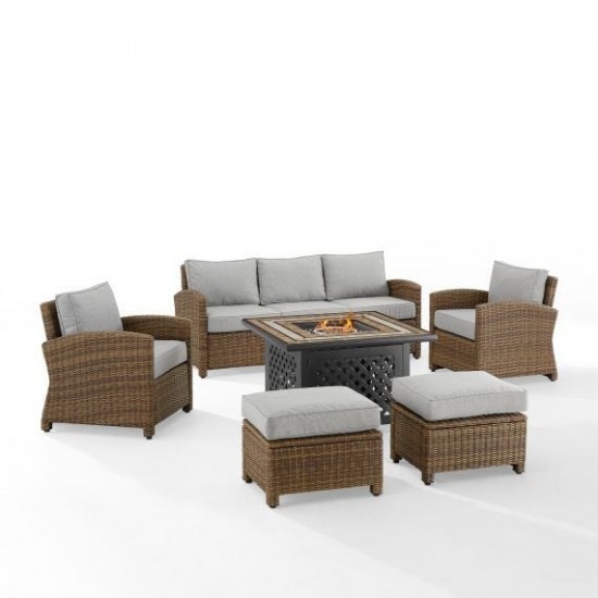 Bradenton 6Pc Outdoor Wicker Sofa Set W/Fire Table Gray/Weathered Brown