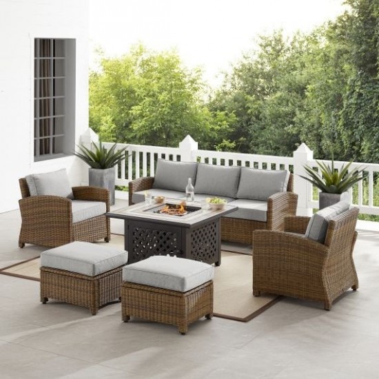 Bradenton 6Pc Outdoor Wicker Sofa Set W/Fire Table Gray/Weathered Brown