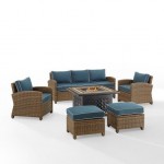 Bradenton 6Pc Outdoor Wicker Sofa Set W/Fire Table Navy/Weathered Brown