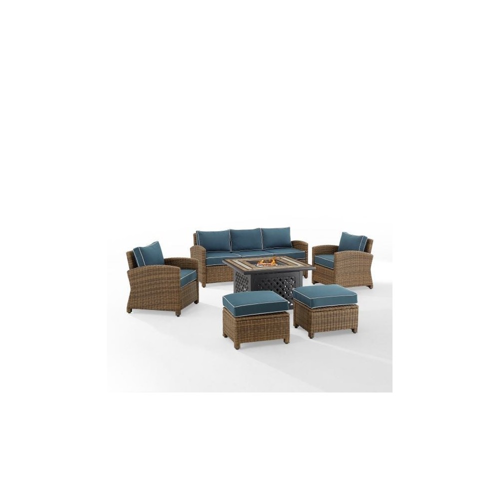 Bradenton 6Pc Outdoor Wicker Sofa Set W/Fire Table Navy/Weathered Brown