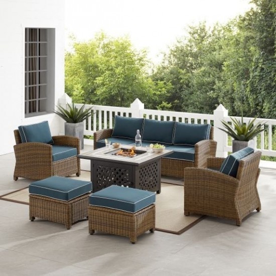 Bradenton 6Pc Outdoor Wicker Sofa Set W/Fire Table Navy/Weathered Brown