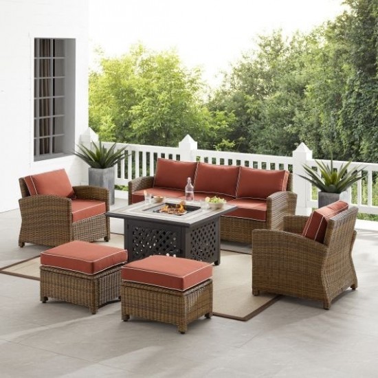 Bradenton 6Pc Outdoor Wicker Sofa Set W/Fire Table Sangria