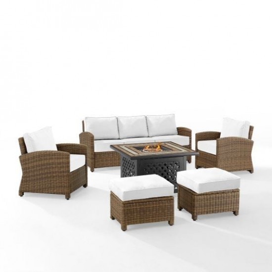 Bradenton 6Pc Outdoor Sofa Set W/Fire Table - Sunbrella White/Weathered Brown