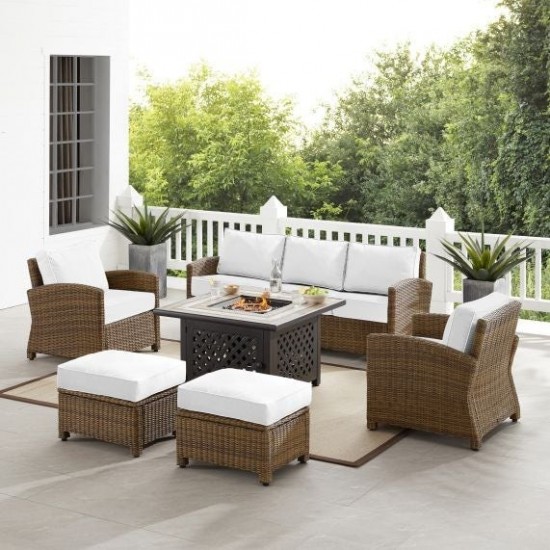 Bradenton 6Pc Outdoor Sofa Set W/Fire Table - Sunbrella White/Weathered Brown