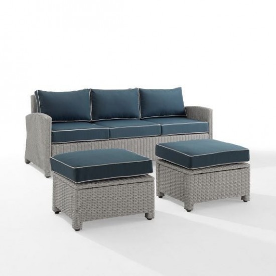 Bradenton 3Pc Outdoor Wicker Sofa Set Navy/Gray - Sofa & 2 Ottomans