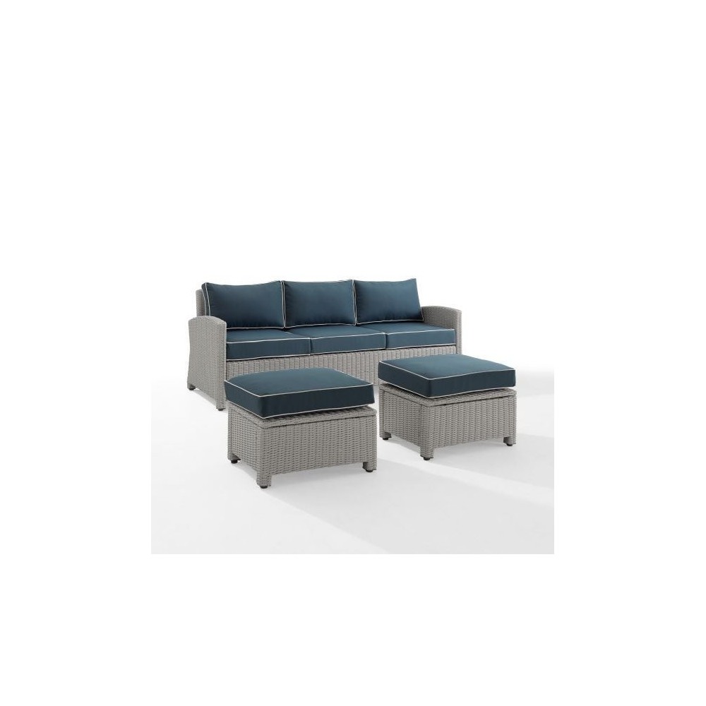 Bradenton 3Pc Outdoor Wicker Sofa Set Navy/Gray - Sofa & 2 Ottomans